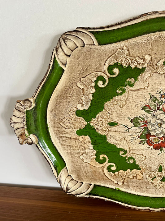 Grand plateau florentin vintage en bois peint – décor baroque floral – Italie années 1960