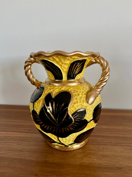 Vase Vallauris vintage jaune et noir – céramique texturée, anses torsadées – déco rétro 50/70
