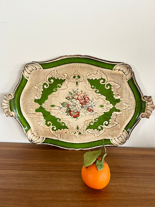 Grand plateau florentin vintage en bois peint – décor baroque floral – Italie années 1960